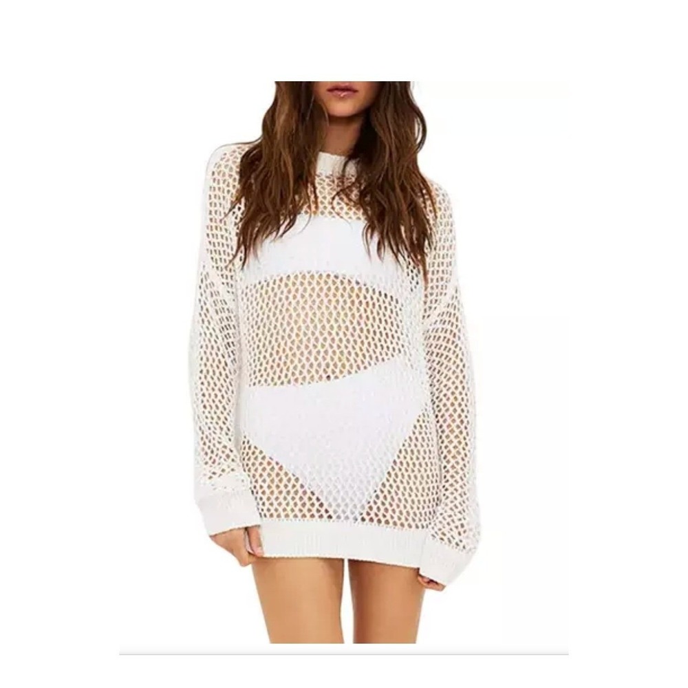 Open‎ Knit Long Sleeve Beach Coverup Sweater Shirt White Sz XXL Crochet